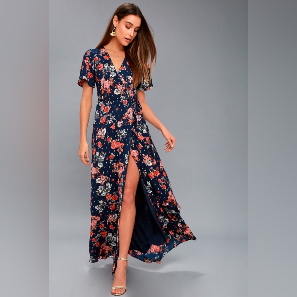 Lulu’s Devine Days Navy Blue Floral Print Wrap Dress